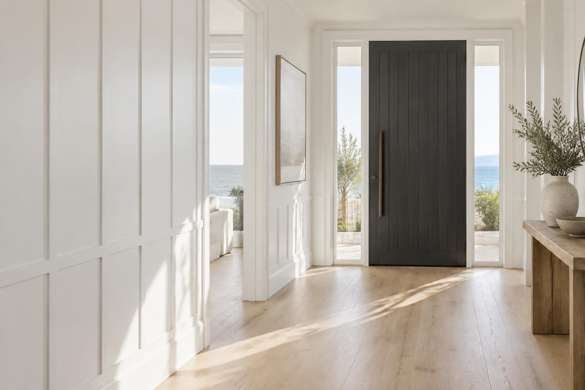 Premium finished entry with wall panelling, architraves and a timber door
